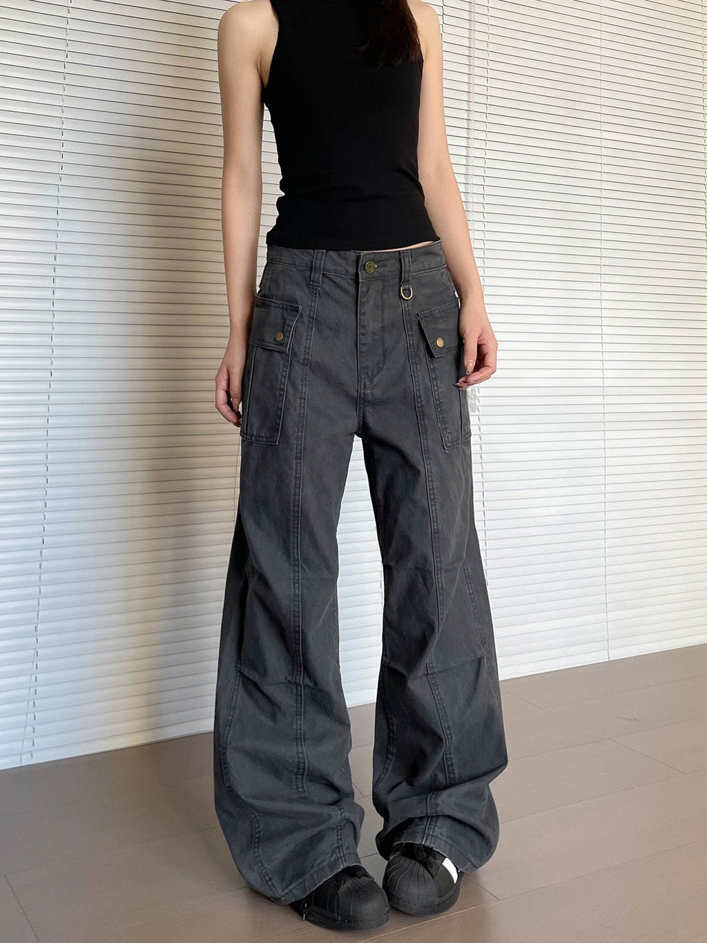 Women’s straight leg slightly flared washed casual pants by FitiqueFit, featuring a relaxed fit and casual style.
