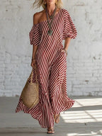 Women's striped off-shoulder midi dress by FitiqueFit featuring elegant casualwear with a stylish off-shoulder design and midi length.