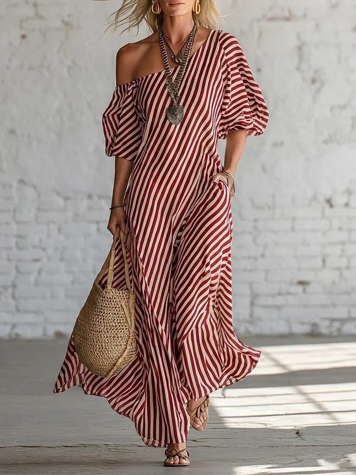 Women's striped off-shoulder midi dress by FitiqueFit featuring elegant casualwear with a stylish off-shoulder design and midi length.