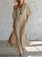 Women's striped off-shoulder elegant midi dress by FitiqueFit, featuring a casualwear style with a fitted waist and flowing skirt.