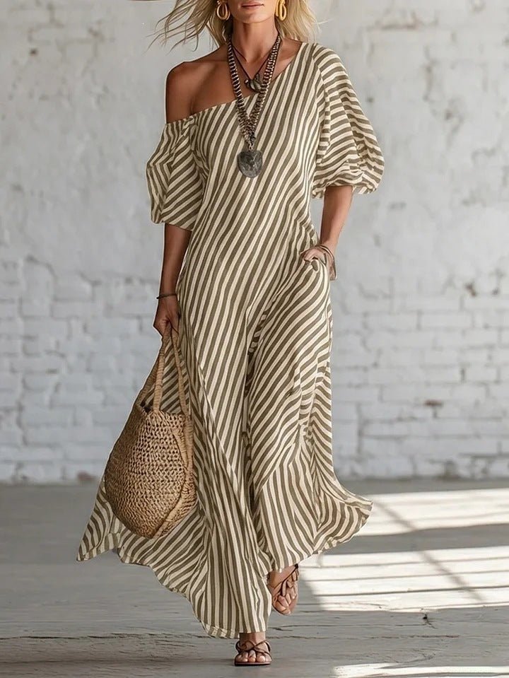 Women's striped off-shoulder elegant midi dress by FitiqueFit, featuring a casualwear style with a fitted waist and flowing skirt.