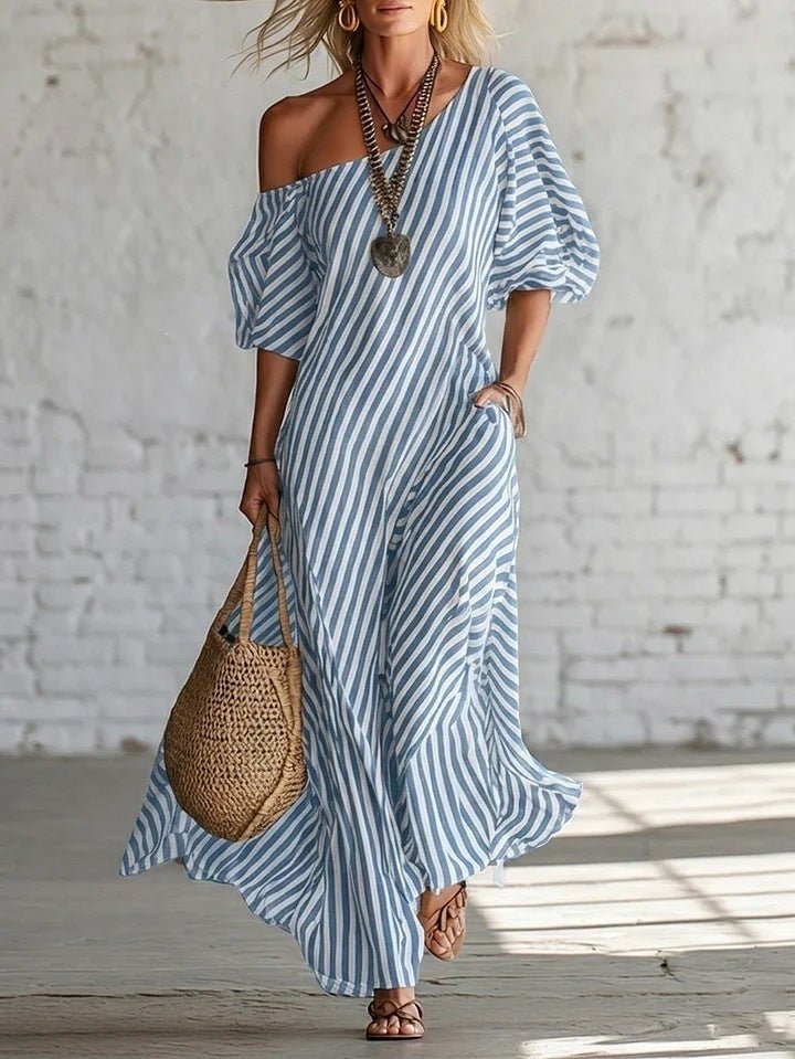 Women's striped off-shoulder elegant midi dress by FitiqueFit, featuring a casual, stylish design with a fitted waist and flowing skirt.