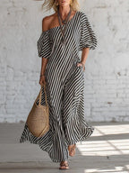 Women's striped off-shoulder elegant midi dress by FitiqueFit, showcasing a casualwear style with a stylish off-shoulder design.