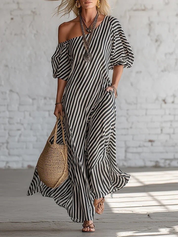 Women's striped off-shoulder elegant midi dress by FitiqueFit, showcasing a casualwear style with a stylish off-shoulder design.