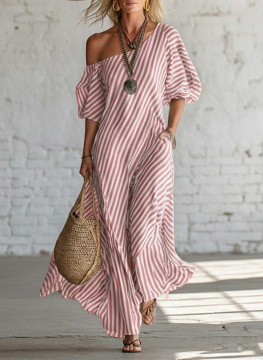 Women's striped off-shoulder elegant midi dress by FitiqueFit, showcasing a stylish casualwear design with vertical stripes and off-shoulder style.