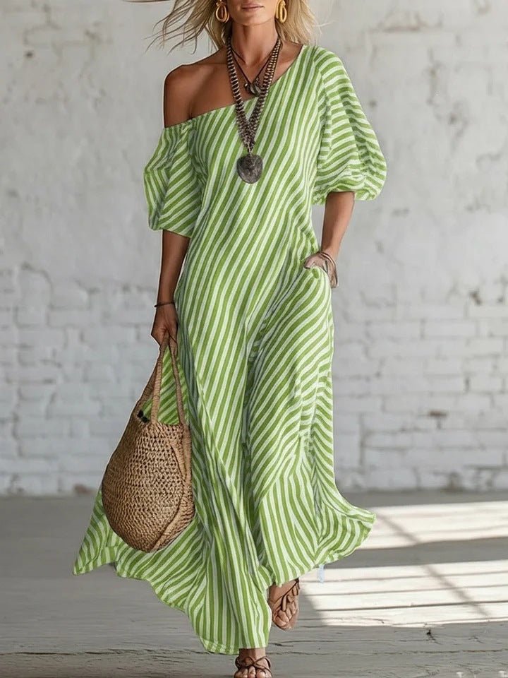 Women's striped off-shoulder elegant midi dress by FitiqueFit, casualwear with a stylish off-shoulder design and mid-length silhouette.