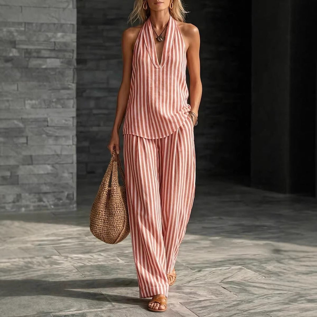 Women's striped sleeveless top and wide-leg pants set by FitiqueFit, stylish casualwear 2-piece outfit for warm weather.