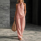Women's striped sleeveless top and wide-leg pants set by FitiqueFit, stylish casualwear 2-piece outfit for warm weather.