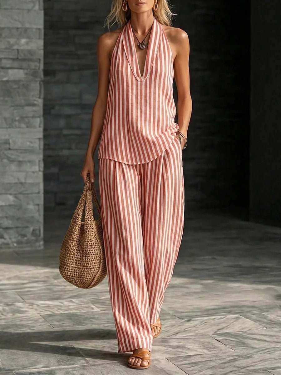 Women's striped sleeveless top and wide-leg pants set by FitiqueFit, casualwear 2-piece outfit with stylish, comfortable design.