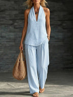 Women's striped sleeveless top and wide-leg pants set by FitiqueFit, casualwear 2-piece outfit with stylish stripes and comfortable fit.
