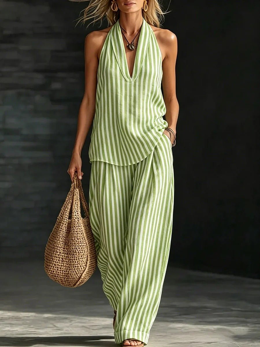 Women's striped sleeveless top and wide-leg pants set by FitiqueFit, casualwear 2-piece outfit, stylish and comfortable for everyday wear.
