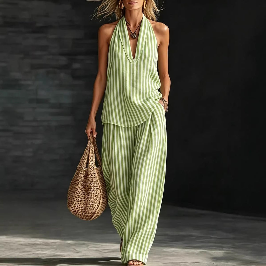 Women's striped sleeveless top and wide-leg pants set by FitiqueFit, casualwear with stylish, comfortable two-piece design.