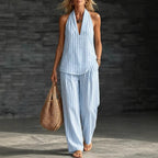 Women's striped sleeveless top and wide-leg pants set by FitiqueFit, casualwear 2-piece outfit, stylish and comfortable for everyday wear.