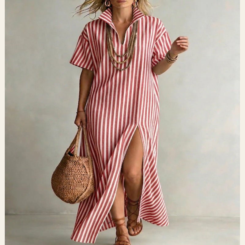 Women's striped slit maxi dress by FitiqueFit featuring a V-neck, short sleeves, and lightweight cotton-linen fabric.