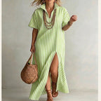 Women's striped cotton linen maxi dress with V-neck and short sleeves, perfect for casual wear by FitiqueFit.