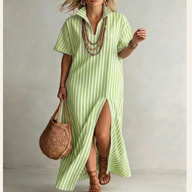 Women's striped cotton linen maxi dress with V-neck and short sleeves, perfect for casual wear by FitiqueFit.