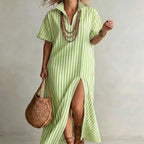 Women's striped cotton linen maxi dress by FitiqueFit with a V-neck, short sleeves, and a side slit, perfect for casual wear.