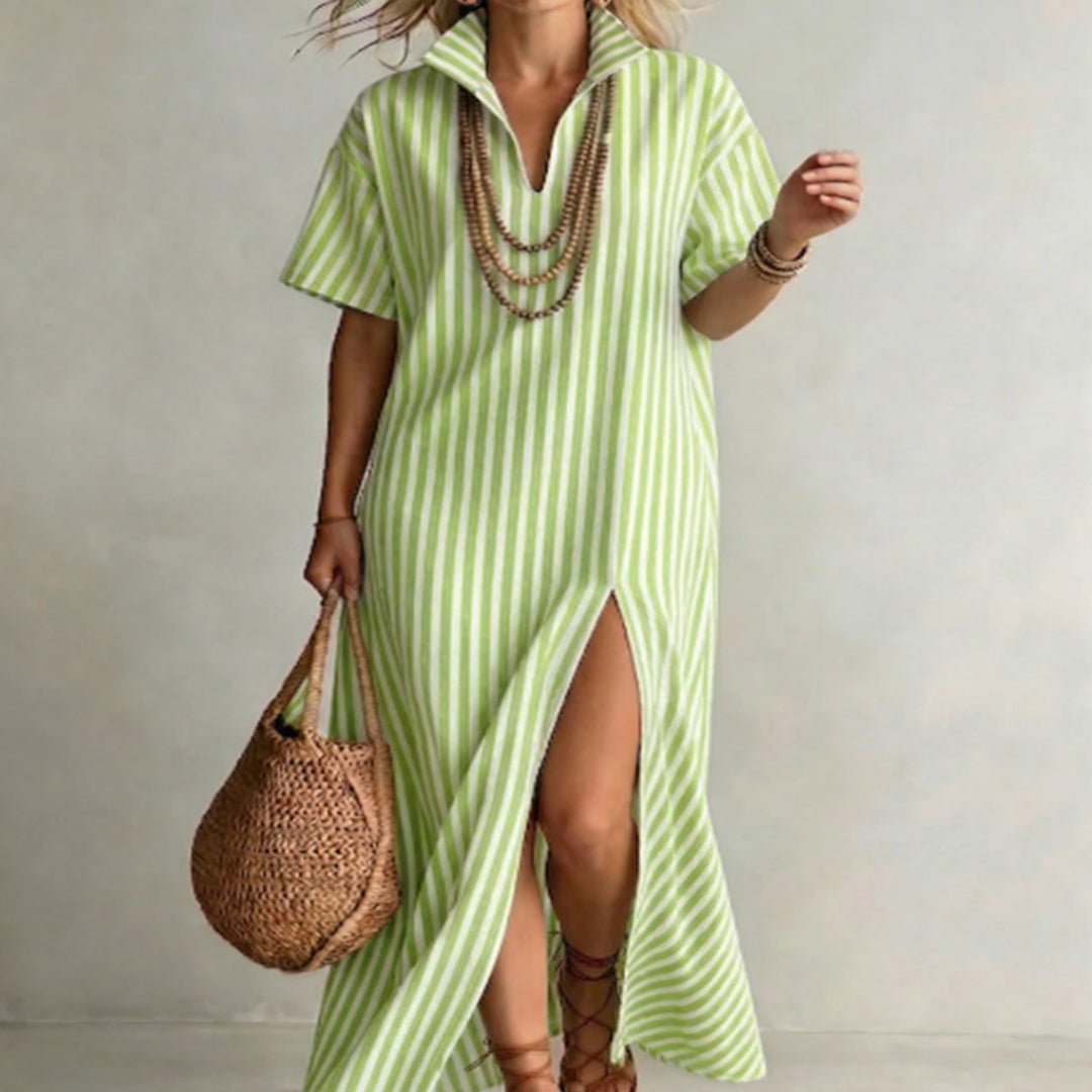 Women's striped cotton linen maxi dress by FitiqueFit with a V-neck, short sleeves, and a side slit, perfect for casual wear.