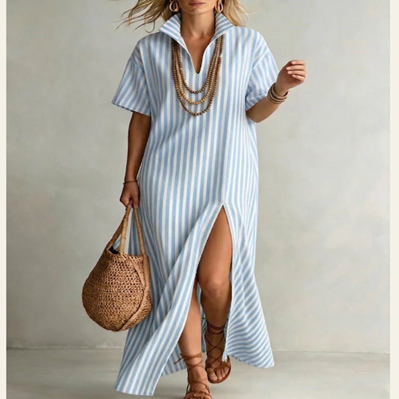 Women's striped cotton linen maxi dress by FitiqueFit featuring a V-neck, short sleeves, and a slit for casual wear.