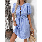 Women’s striped tie-front puff sleeve mini dress by FitiqueFit, featuring a casual style with a fitted waist and ruffled sleeves.