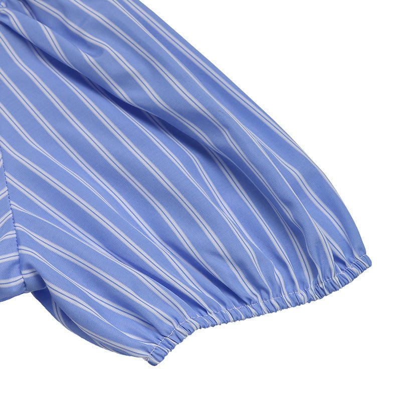 Women’s striped tie-front puff sleeve mini dress by FitiqueFit, featuring a casual style with a flattering fit and stylish design.