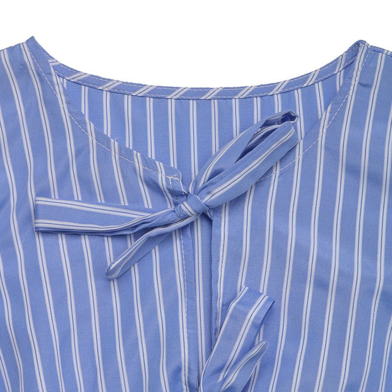 Women’s striped tie-front puff sleeve mini dress by FitiqueFit, featuring a casual style with bold horizontal stripes and a flattering fit.