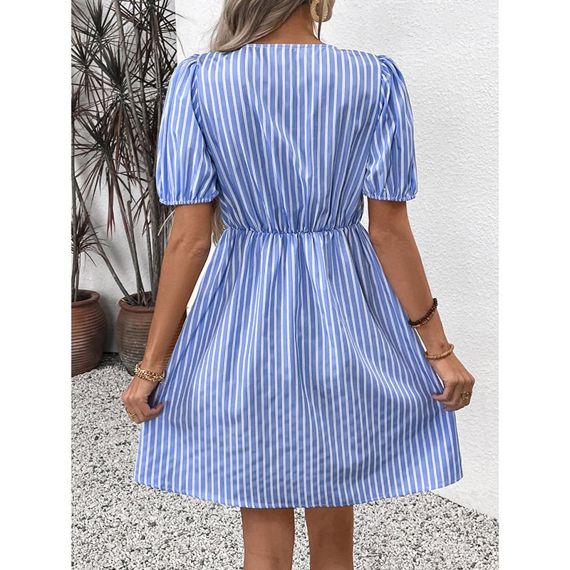 Women’s striped tie-front puff sleeve mini dress by FitiqueFit, featuring a casual style with bold stripes and a flattering fit.