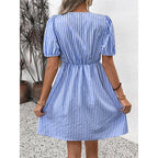 Women’s striped tie-front puff sleeve mini dress by FitiqueFit, featuring a casual style with bold stripes and a flattering fit.