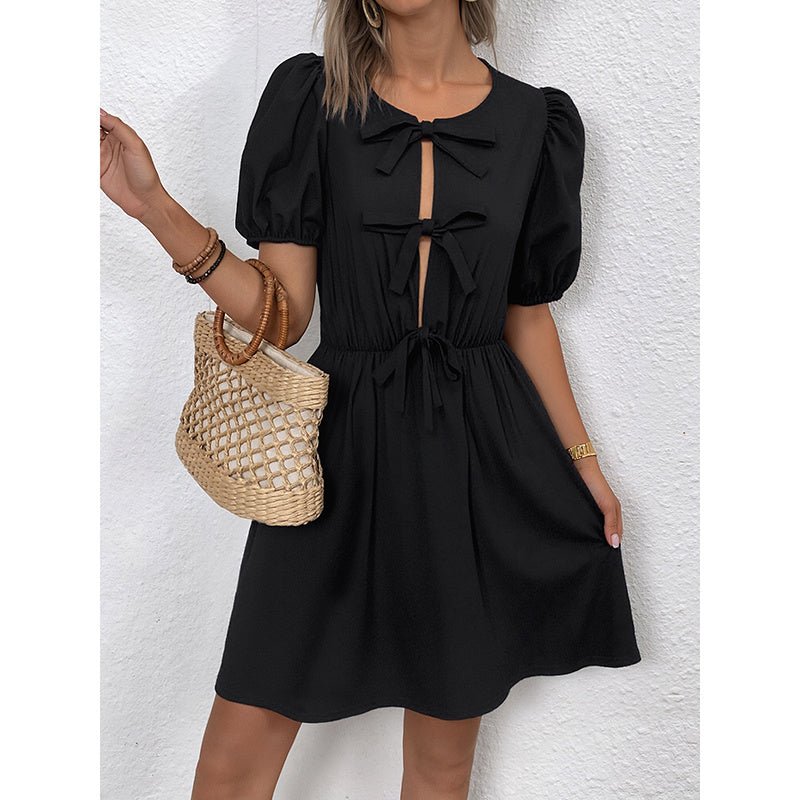 Women’s striped tie-front puff sleeve mini dress by FitiqueFit, featuring a casual style with a fitted waist and stylish puff sleeves.
