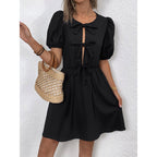 Women’s striped tie-front puff sleeve mini dress by FitiqueFit, featuring a casual style with a fitted waist and stylish puff sleeves.
