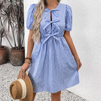 Women’s striped tie-front puff sleeve mini dress by FitiqueFit, featuring a casual style with a flattering fit and trendy design.