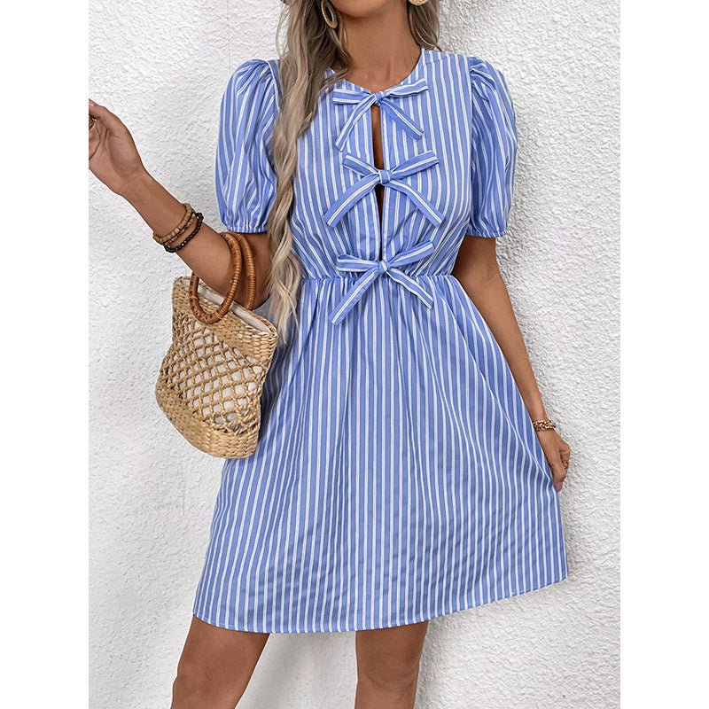 Women’s striped tie-front puff sleeve mini dress by FitiqueFit, featuring a casual style with a flattering fit and playful pattern.
