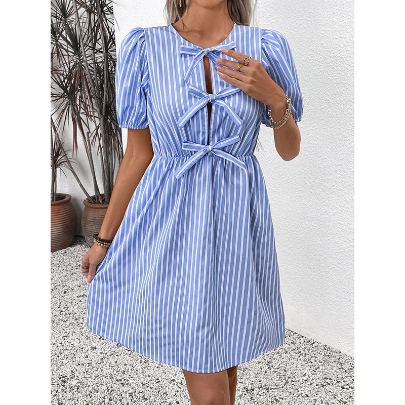 Women’s striped tie-front puff sleeve mini dress by FitiqueFit, featuring a casual style with a flattering fit and stylish design.