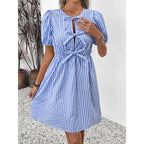 Women’s striped tie-front puff sleeve mini dress by FitiqueFit, featuring a casual style with a flattering fit and stylish design.