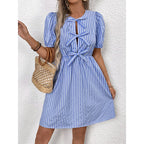 Women’s striped tie-front puff sleeve mini dress by FitiqueFit, featuring a casual style with a fitted waist and playful puff sleeves.