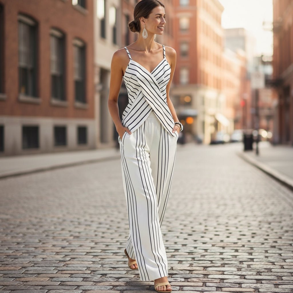 Women's striped V-neck sleeveless two-piece casualwear set by FitiqueFit, featuring a relaxed fit and stylish summer design.