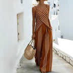 Women's sleeveless two-piece set with vertical stripes and V-neck from FitiqueFit, casualwear perfect for warm weather.