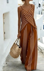 Women's striped V-neck sleeveless two-piece casualwear set by FitiqueFit, featuring a fitted sleeveless top and matching striped shorts.