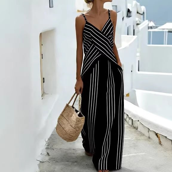 Women's striped V-neck sleeveless two-piece casualwear set by FitiqueFit, featuring a fitted top and matching bottoms.