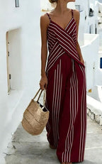 Women's striped sleeveless two-piece set with V-neck top and matching shorts, casualwear by FitiqueFit.