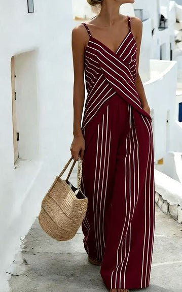 Women's striped sleeveless two-piece set with V-neck top and matching shorts, casualwear by FitiqueFit.