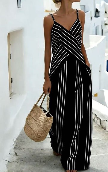 Women's striped V-neck sleeveless two-piece casualwear set by FitiqueFit, featuring a relaxed fit and stylish design.