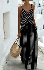 Women's striped V-neck sleeveless two-piece casualwear set by FitiqueFit, featuring a relaxed fit and stylish design.