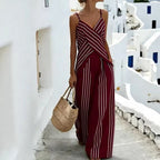 Women's striped V-neck sleeveless two-piece casualwear set by FitiqueFit, featuring a stylish V-neck top and matching skirt.
