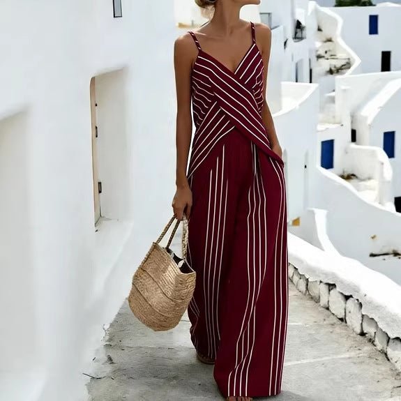 Women's striped V-neck sleeveless two-piece casualwear set by FitiqueFit, featuring a stylish V-neck top and matching skirt.