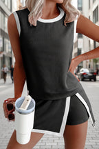 Women’s summer athletic lounge two-piece set by FitiqueFit featuring a breathable top and comfortable matching shorts.