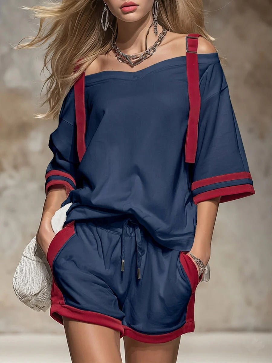 Women's summer contrast color-block patchwork shorts set by FitiqueFit, featuring a casual 2-piece outfit with vibrant color blocks.