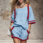 Women's summer contrast color-block patchwork shorts set by FitiqueFit, featuring a casual 2-piece outfit with vibrant color blocks.