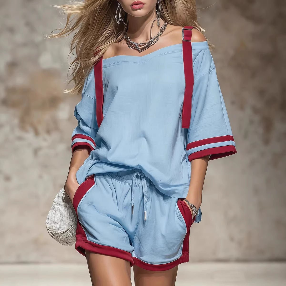 Women's summer contrast color-block patchwork shorts set by FitiqueFit, featuring a casual 2-piece outfit with vibrant color blocks.