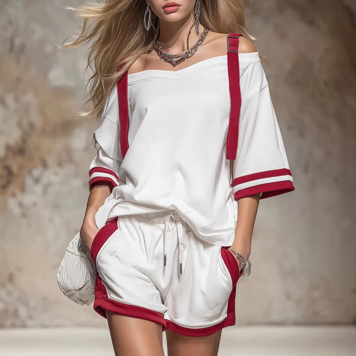 Women's summer contrast color-block patchwork shorts set by FitiqueFit, featuring a casual 2-piece outfit with vibrant color blocks.
